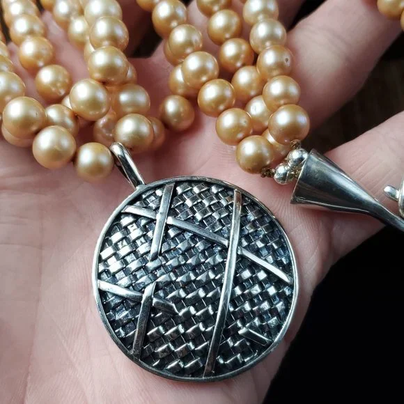 20 Inch Sterling Silver Triple Strings Of Pearls And Woven Pendant Necklace - Picture 3 of 7